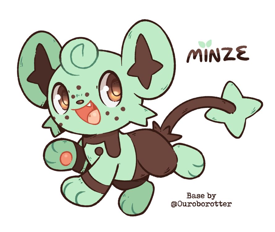 A shinx with brown markings and a mint colored body. he has brown freckles on his face and his neck marking is drippy.