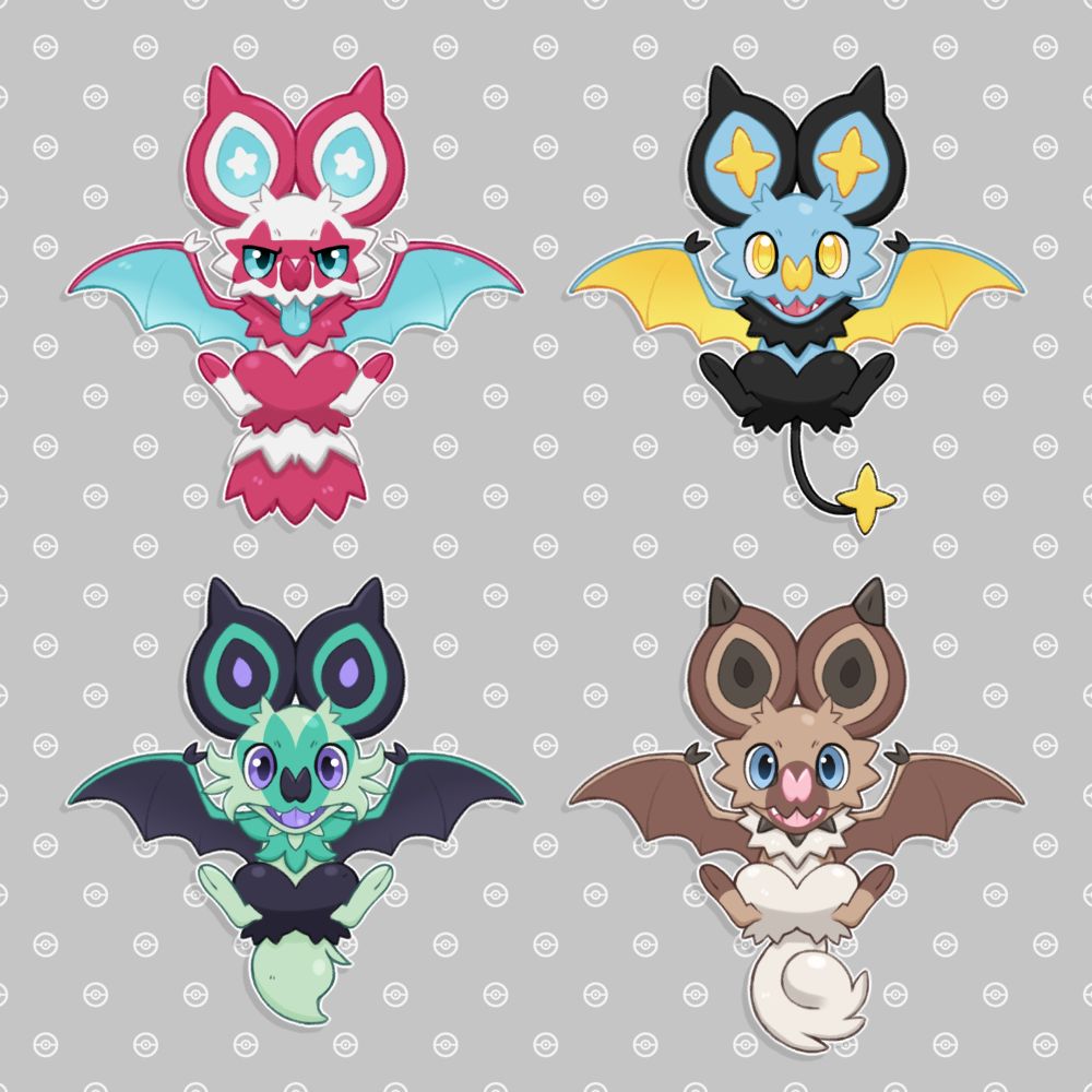 Four Noibat fusions lined up, top right is Noibat & Shiny Galarian Zigzagoon, top left is Noibat & Shinx, bottom right is Shiny Noibat & Shiny Sprigatito, bottom left is Noibat & Rockruff