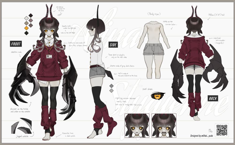 A reference sheet of a petite character with pale skin, yellow eyes, black scleras, and very large claws for hands. Atop her head are matching artificial attachments which look like flat horns. She is wearing a button-up shirt with a red cable-knit sweater on top, with an ID badge on a lanyard hung around her neck. She is wearing demin shorts, thigh-high stirrups, and red legwarmers.