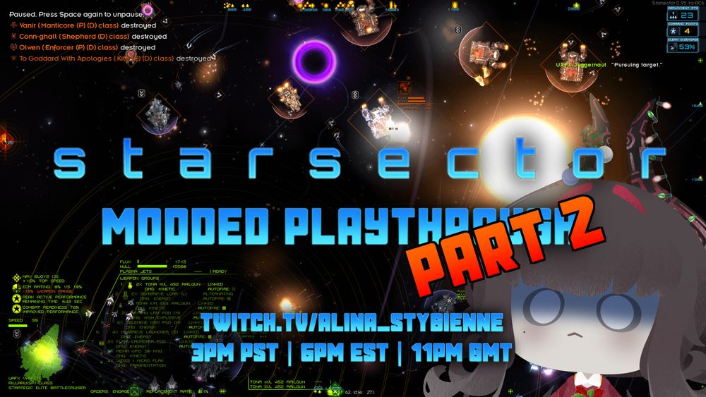 A space battle with Alina Stygienne's stream info laid on top of it. She's immitated the starsector fontface!