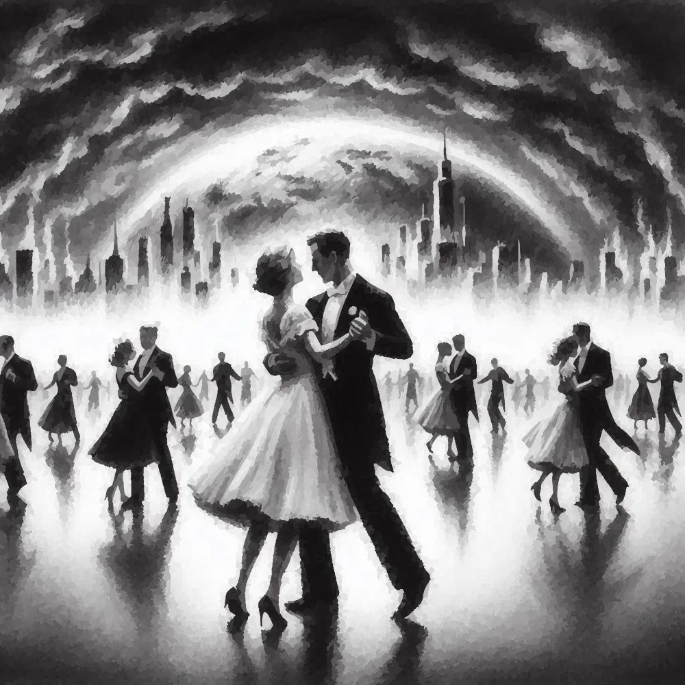 A retro style black and white image, reminiscent of sci fi movies from the 1950s, depicts a formal ball with couples dancing in white tie attire. There is an image of a city skyline in the distance behind them and a planet or moon in the background.