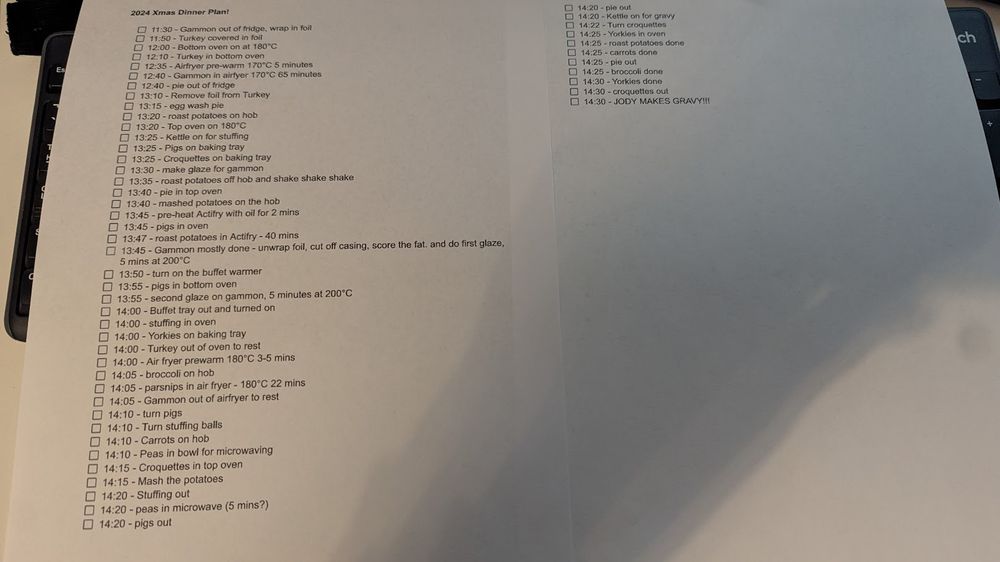 A photograph of a list of tasks spread out over 2 sheets of A4 paper. The tasks are itemised with check boxes and are all things needed to do to have a Christmas dinner prepated for 2:30pm.