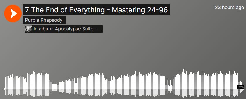 The image is a screengrab of the Soundcloud depiction of a waveform for the track The End of Everything, track 7 in the album Apocalypse Suite by Purple Rhapsody. It is evident that there is a large dynamic range in the waveform.
