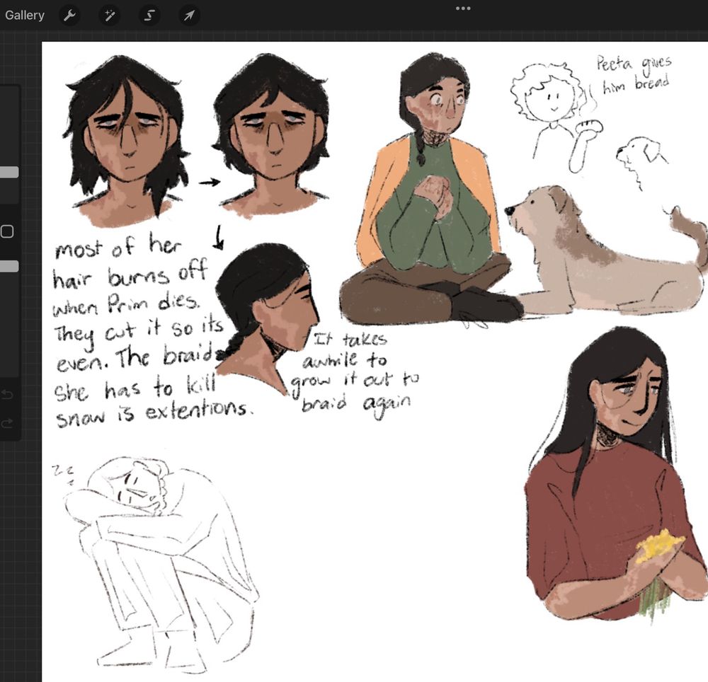 katniss everdeen from the hunger games, top left shows her with short hair from the fire that kills prim. Top right is Katniss with a stray dog. Bottom left is a sketch of Katniss sleeping. bottom right is katniss holding flowers