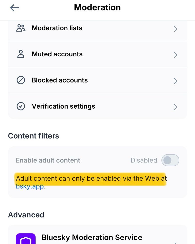Screenshot of Bluesky app’s “moderation settings” indicating that adult content can only be enabled via the web. 