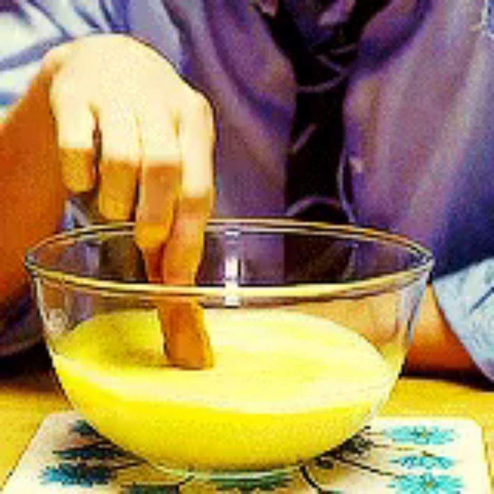 a person is dipping a stick into a bowl of yellow liquid .