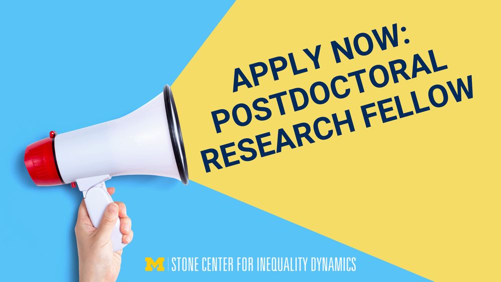 Apply now for a postdoctoral research fellow position with the Stone Center for Inequality Dynamics. A bull horn is on a blue background with the job title in yellow. 