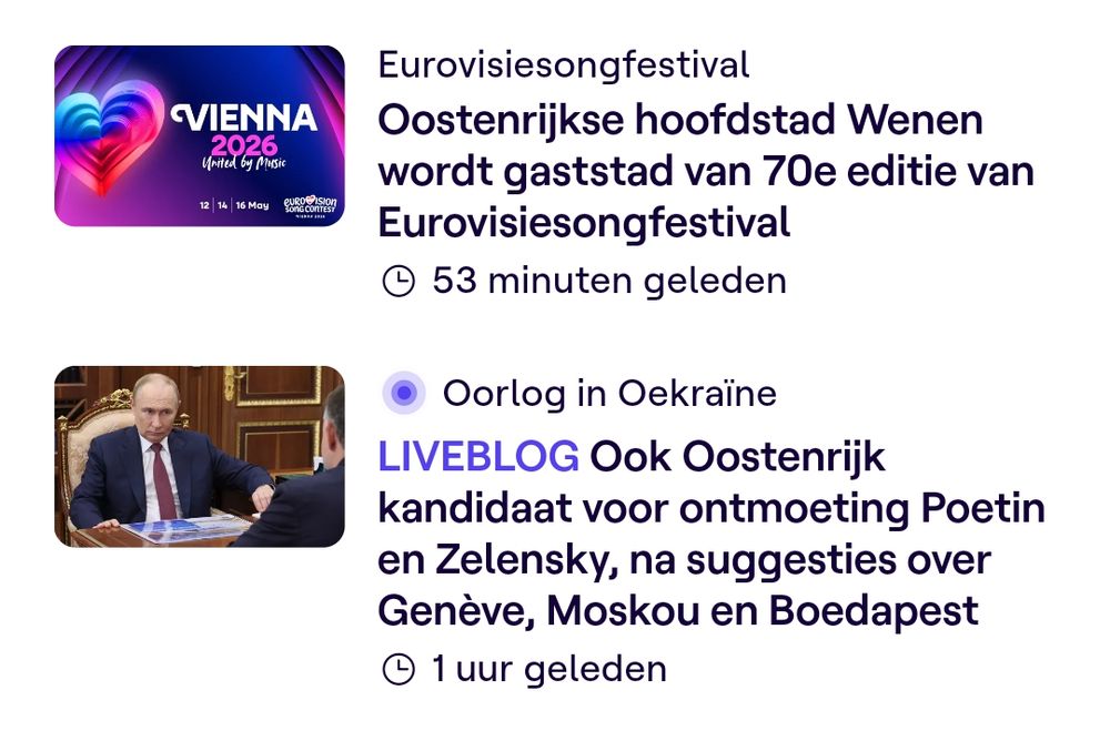 Twee nieuwsberichten die melden dat Oostenrijk het songfestival zal organiseren en kandidaat is voor een ontmoeting tussen Poetin en Zelensky.