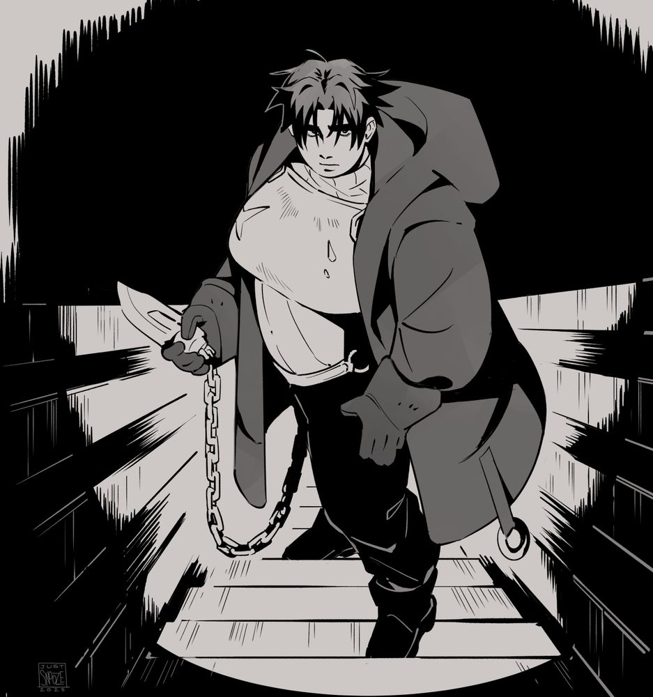 A black-and-white drawing of Briar, a fat butch woman, climbing stairs toward the viewer. She's surrounded by darkness and holds a blade in her hand.