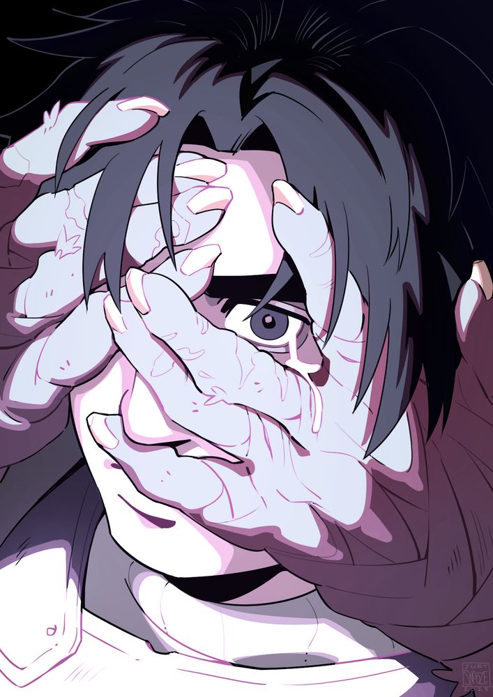 An illustration featuring a close-up shot of Briar's face with strange, malformed hands covering it. Briar's eye looks at the viewer through a space between the fingers. An extremely harsh light illuminates the scene.