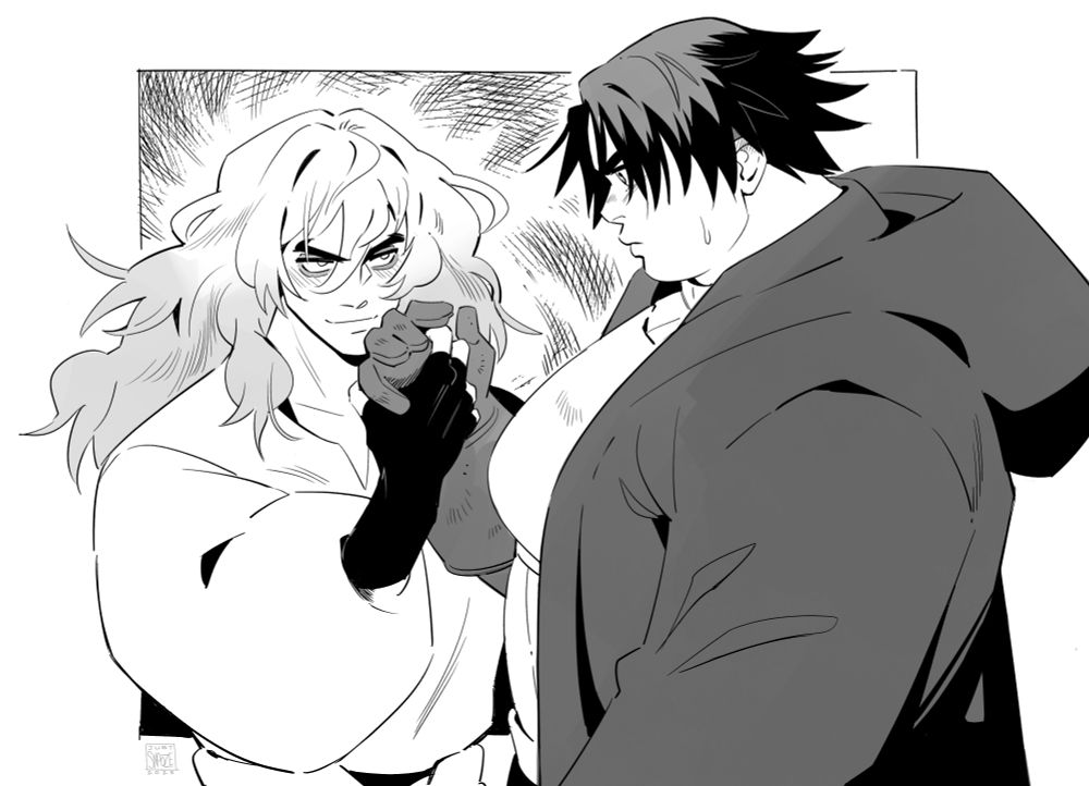 A black and white drawing of two butch women, Briar and Dagny. The two lock eyes as Dagny holds Briar's hand up to her lips as if to kiss it.