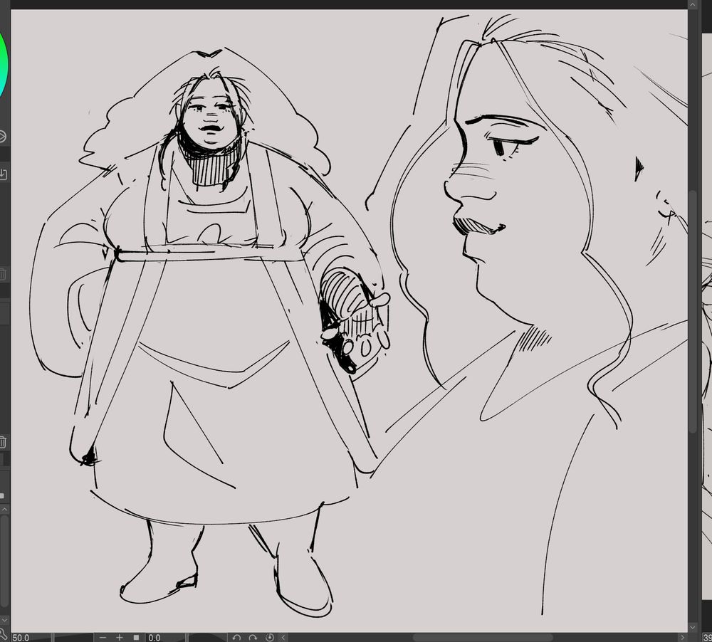 A screenshot of Clip Studio Paint, showing a messy sketch of a fat woman dressed in robes with long, voluminous hair. Two strands of hair in the front are separated from the rest and hang down to frame her face.