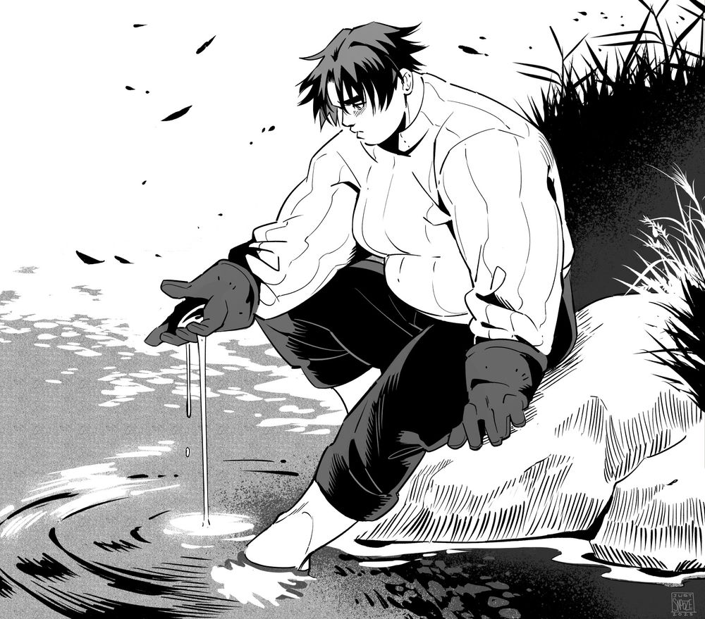 A black and white drawing of Briar, a fat butch woman with short, choppy black hair. She sits at the edge of a lake, one foot dipping into the water, and holds out one hand with water scooped into it. The water in her hand slips between her fingers and trickles back into the lake, a pensive expression on her face as she watches it.