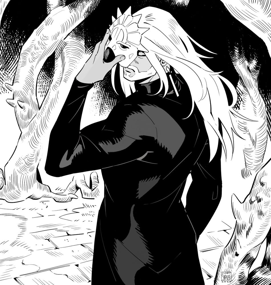 A black and white drawing of a man with long, pale hair and dressed in black robes. He holds a mask up to his face, as if in the middle of putting it on.