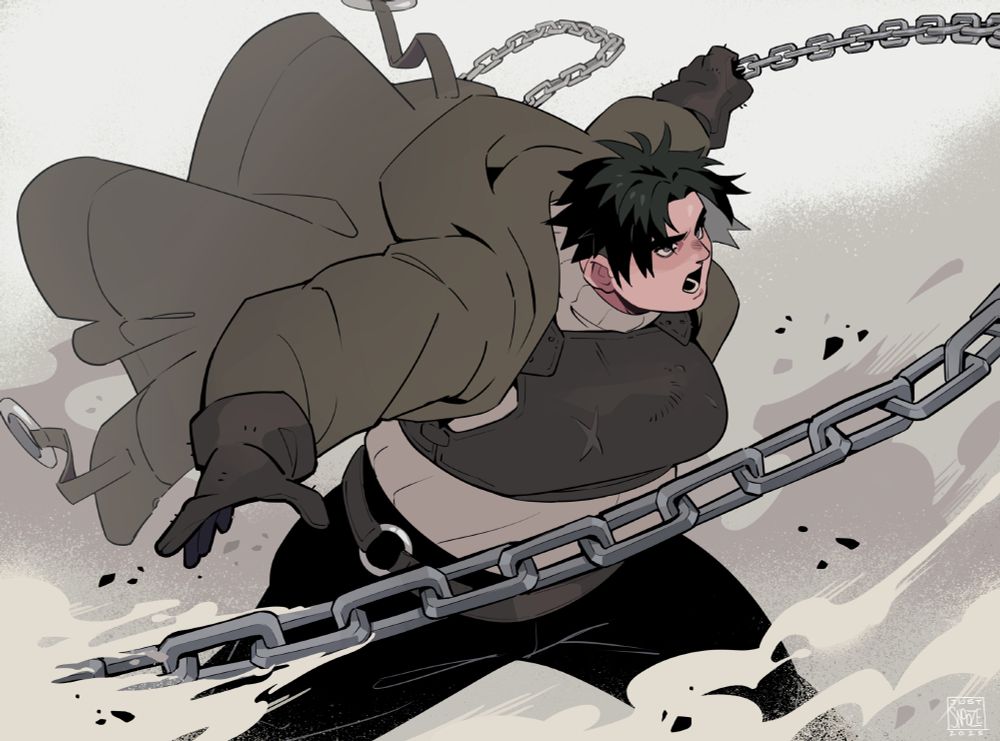 A colored drawing of Briar, a fat butch woman with short choppy black hair, attacking with a chain weapon in an arcing motion. Dust and debris from the environment swirls around her as she moves.