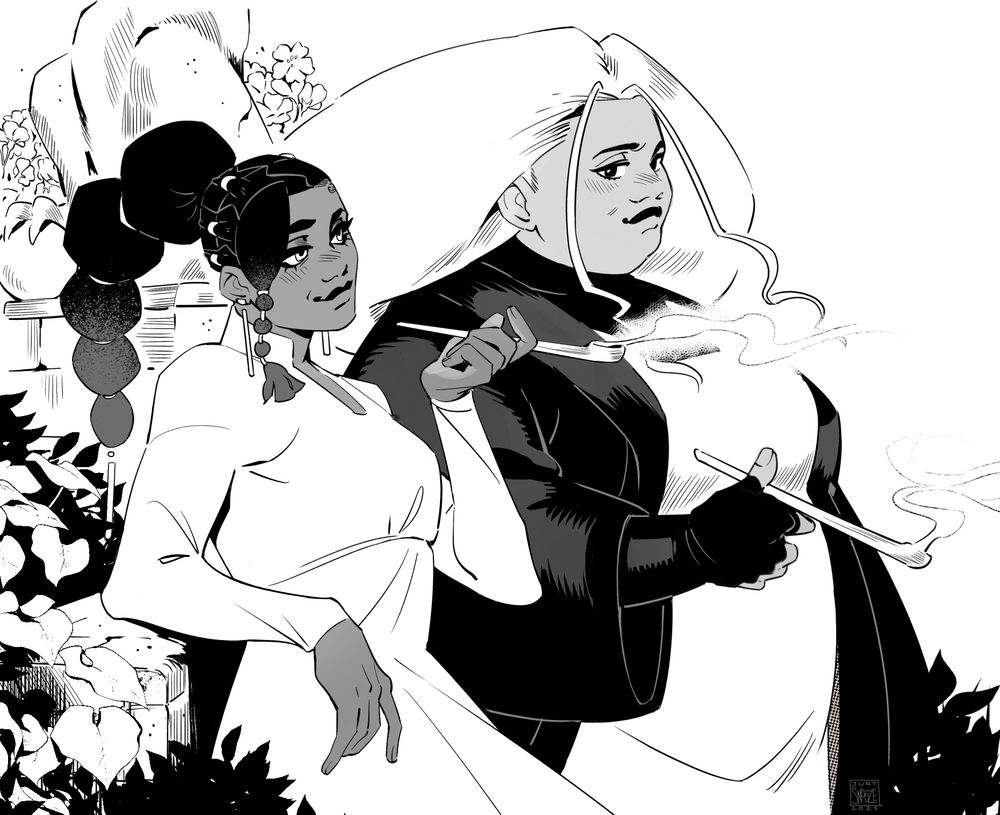 A black and white drawing of 2 women, both dressed in robes, smoking together in a lush garden.