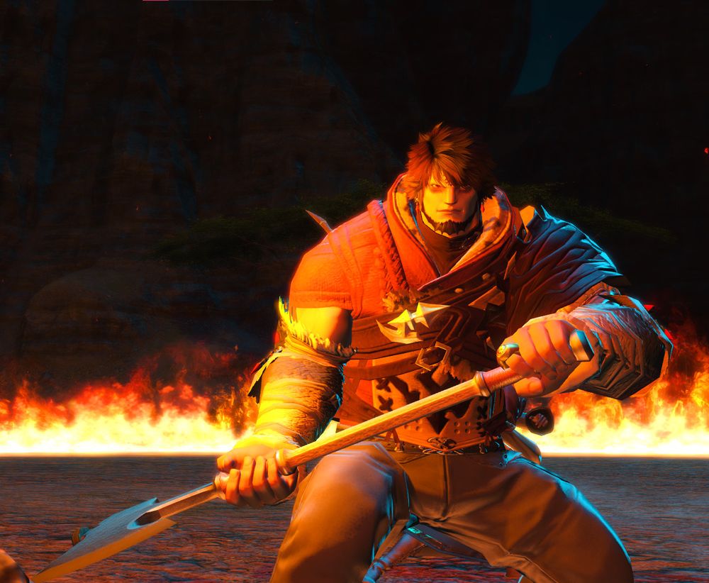 [FFXIV SCREENSHOT] The Roegadyn Marauder, Breathing Flame, holds his axe at the ready.