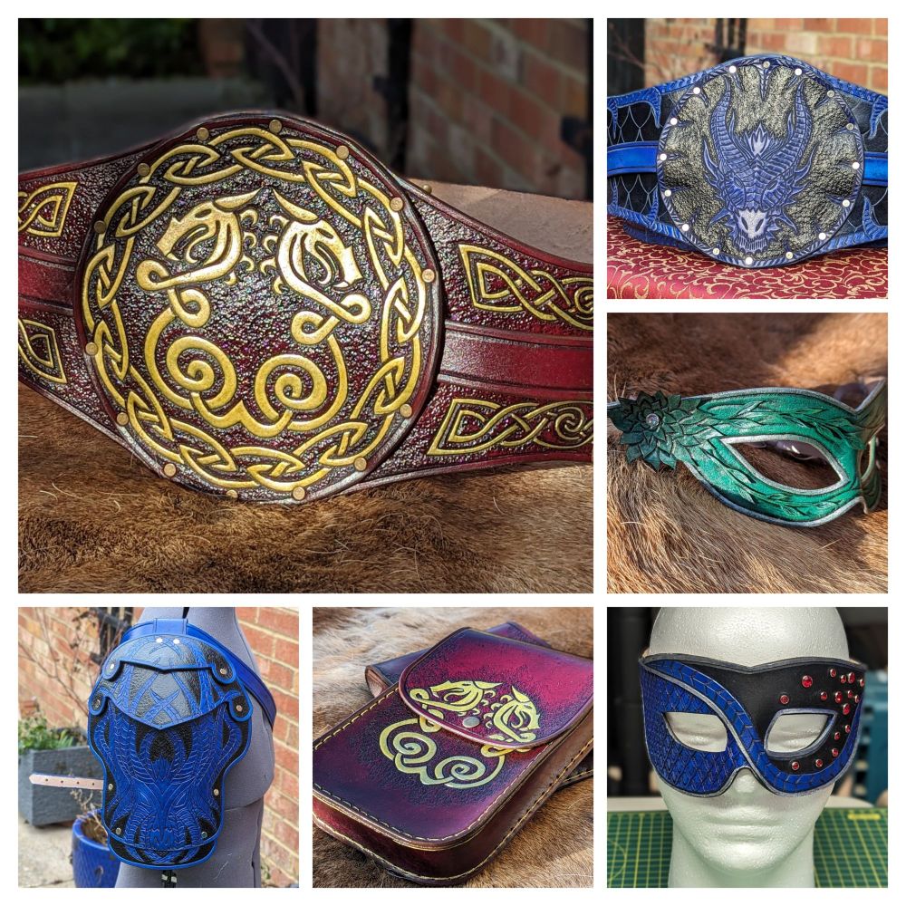 A photo collage of six different items made of leather. A brown and gold belt with a Celtic dragon design, a pouch to match, a blue and black belt with a dragon head and scale design, a matching shoulder pauldron and masquerade mask and a teal mask