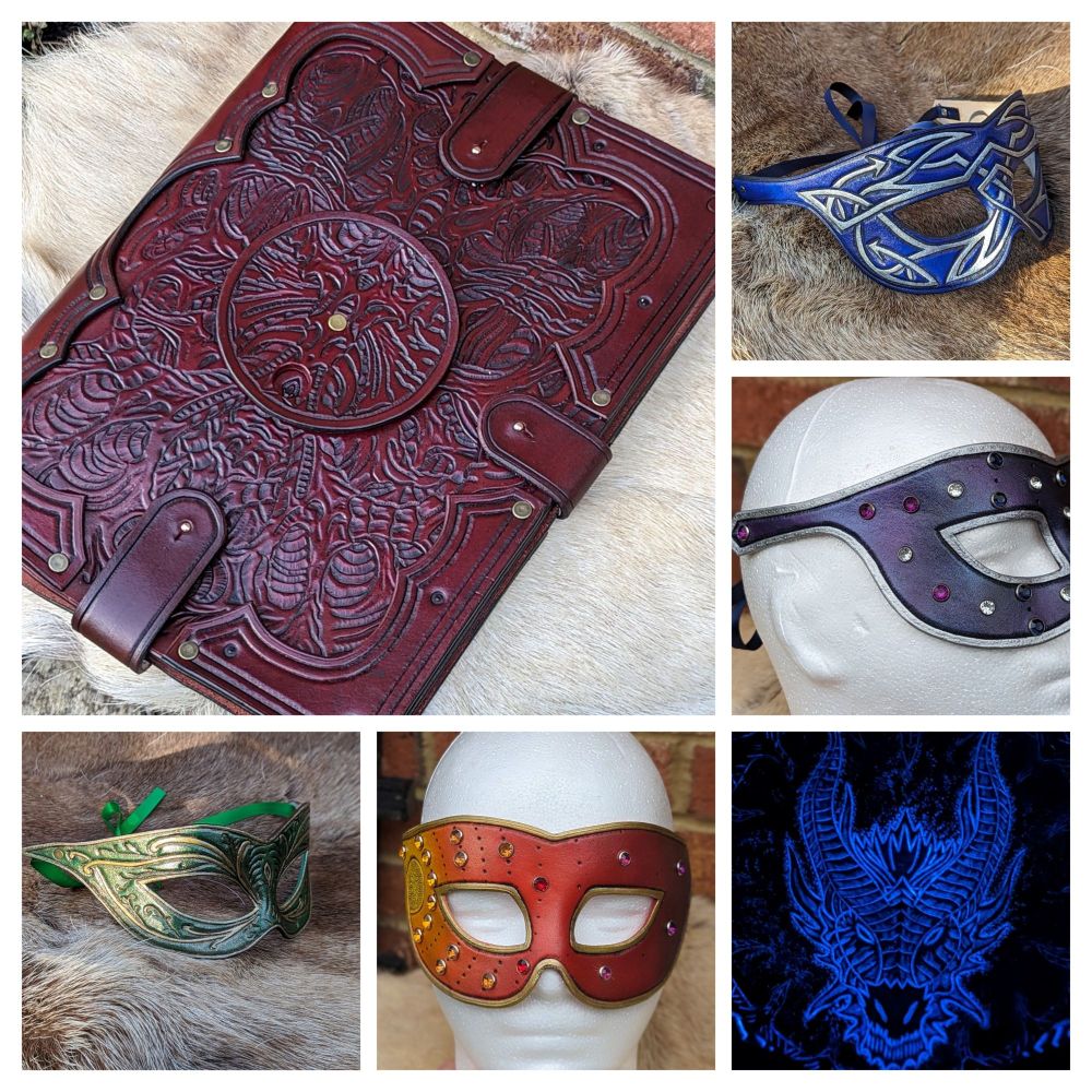A photo collage of items made from leather. A large tome, a blue and silver mask, a night sky inspired mask, a green and gold mask, a sunrise inspired mask and a UV glow dragon carving. 