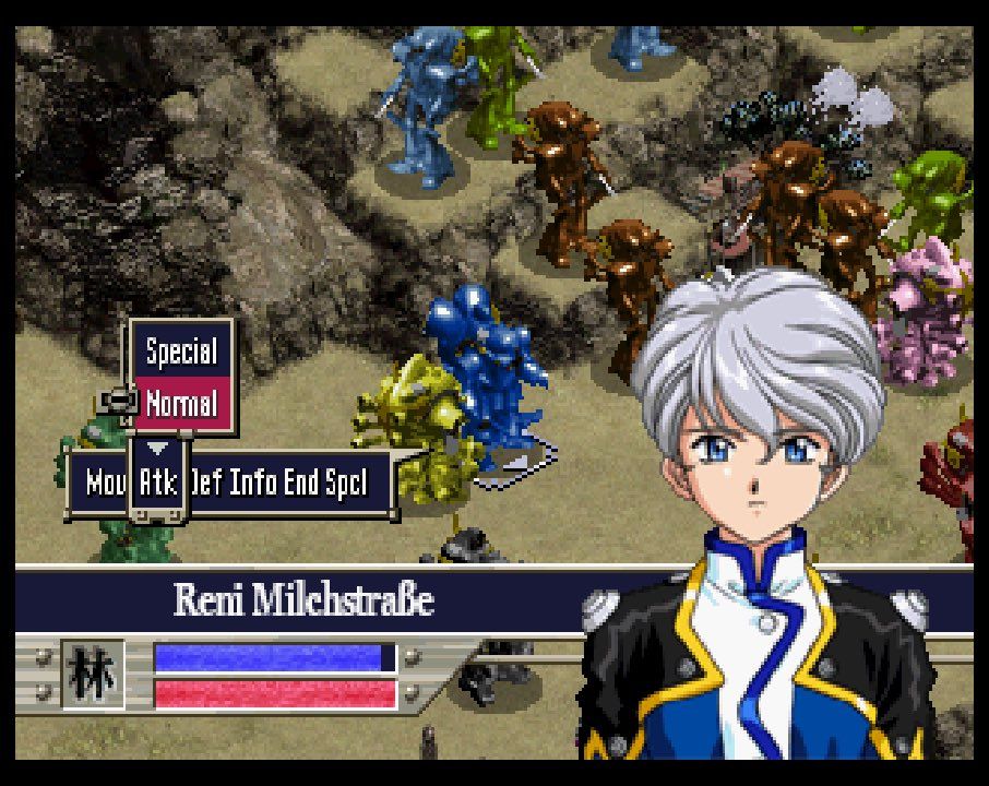 Isometric video game field that looks like a virtual board game with mecha miniatures indicating the various character's mechs. One of the mechs is highlighted and has a screen with various commands which also includes a character portrait and name. Pictured is a pasty ass white person-of-indiscriminate-gender in a regal mech plugsuit (based honestly) with in big font saying "Reni Milchstraße". I hope if you are using a screen reader that it has the ability to read out German correctly or at the very least the eszett letter. Let's test it out, "Es ist so kalt in Minnesota. Der Schnee ist zu viel! Es ist traurig"