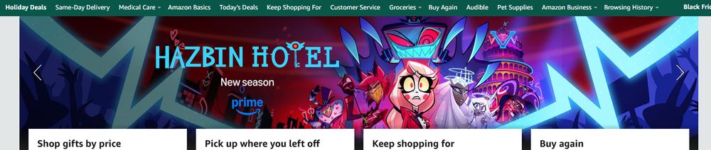 A banner on Amazon's site announcing there is a new season of 'Hazbin Hotel', featuring many characters from the show.