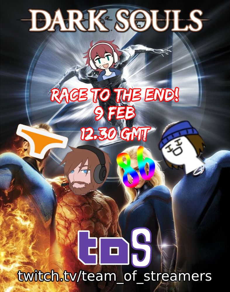 Fantastic Four: Rise of the Silver Surfer film poster but improved with various streamer logos and PNGTuber faces with Dark Souls race details.