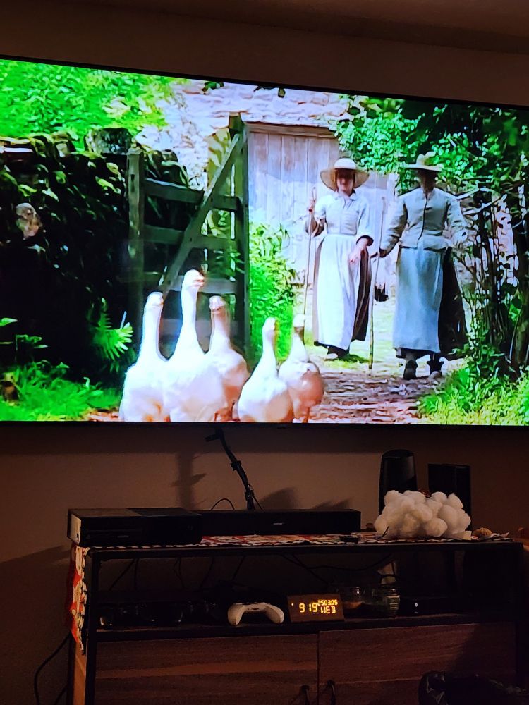 A TV screen playing Tales From The Green Valley, a historical reenactment of farming in the 17th century on the border of England and Wales.