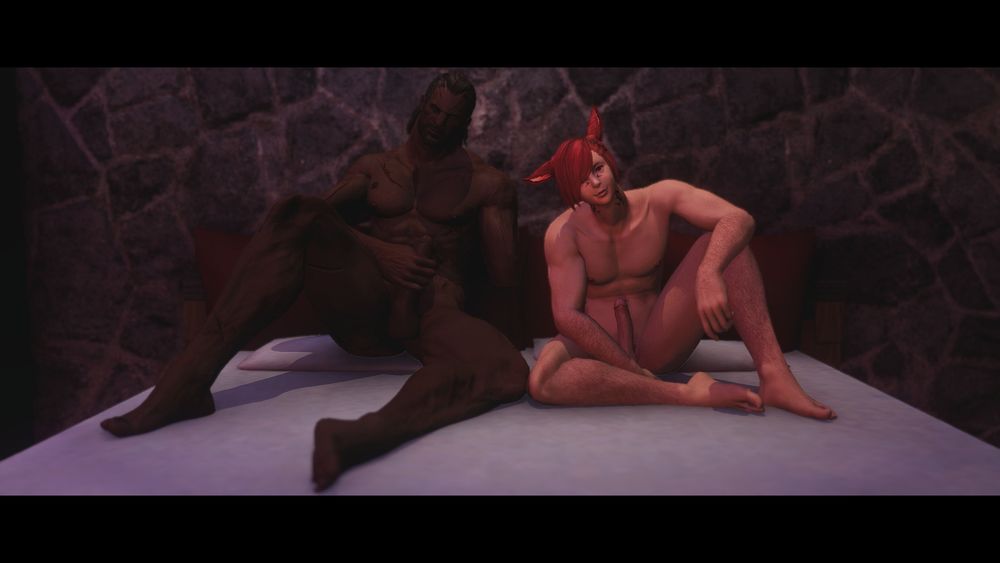 Raubahn and G'raha Tia from FFXIV sitting naked on a bed.