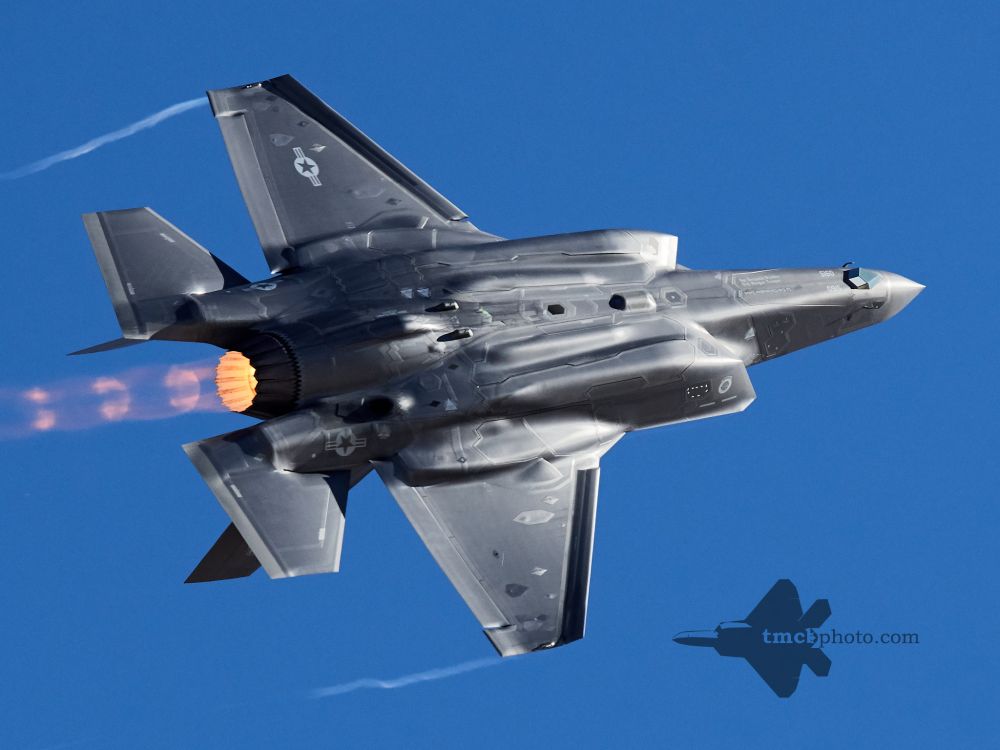 A USAF F-35A Lightinng II making a sharp turn in the desert light over Nellis AFB.