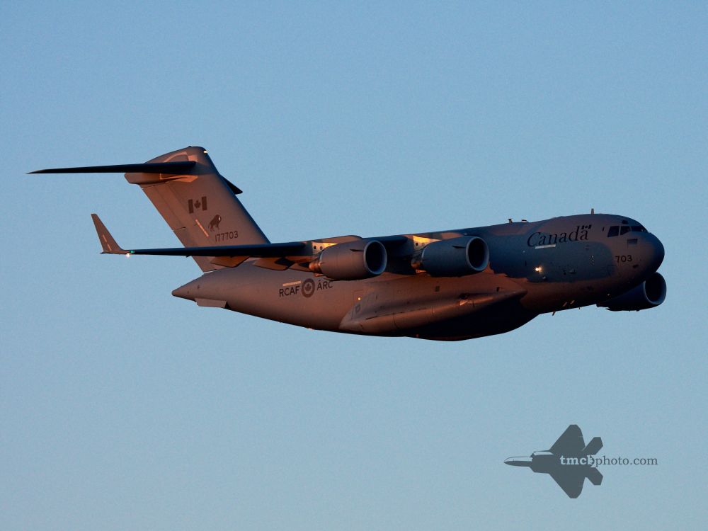 A C-17 Globemaster III at sunset during Airshow London 2017.