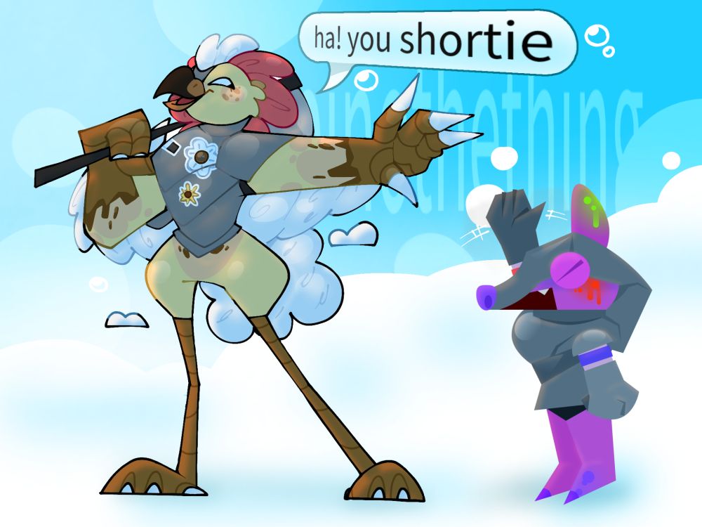 Digital art of a Chicken and Armadillo, both being knights, and the chicken is making fun of the armadillo saying "she's a shortie"