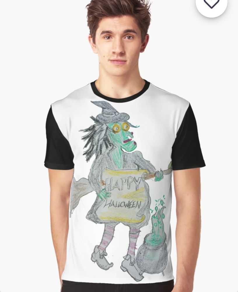 A boy in a Tshirt with a crayon drawing of a witch for Halloween 