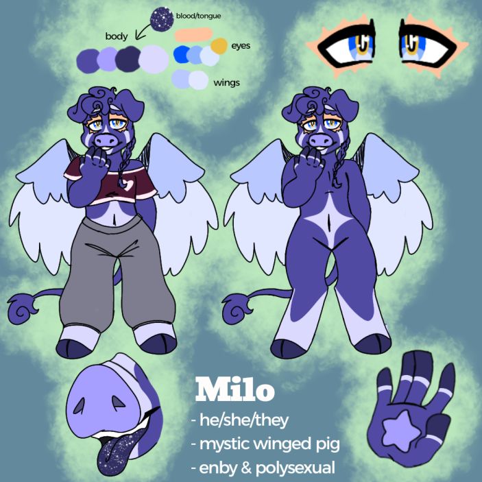 New/updated design: Milo; a dark blue-ish purple mystic winged pig with pastel blue wings & blue + gold eyes