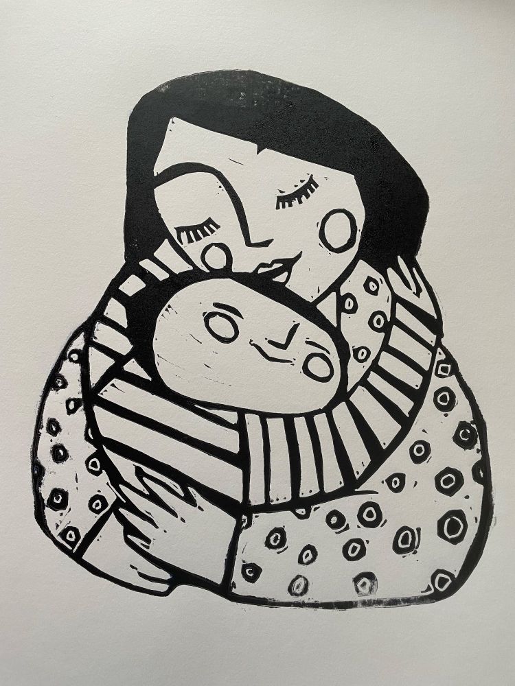 Mutter umarmt Kind(Linoldruck) A4