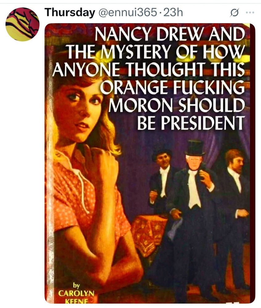 A pretend cover of a Nancy Drew novel with a title that reads:Nancy Drew and the Mystery of How Anyone Thought This Orange Fucking Moron Should be President 