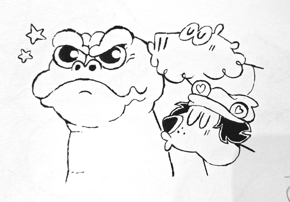 Ink doodle of Capy & Popfizzle both giving Godzilla a loving smooch
