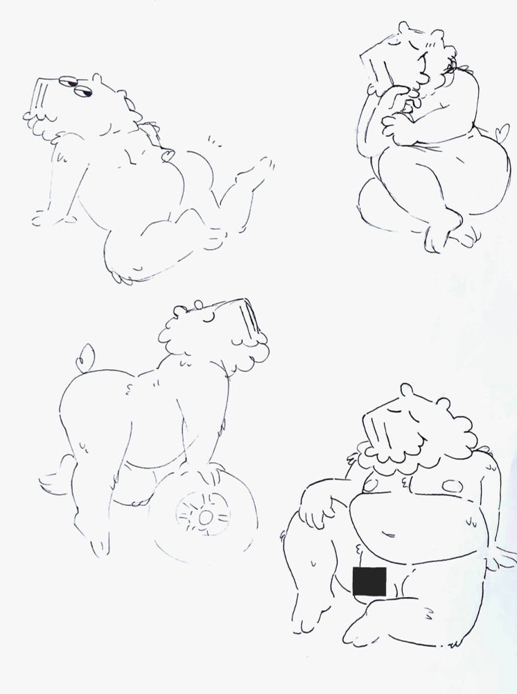ink sketchpage of four capys posing in a series of pinups