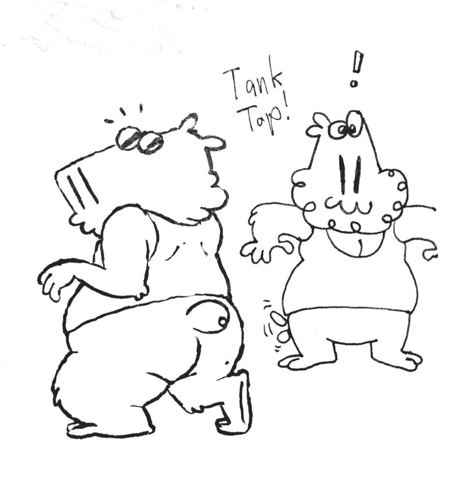 Ink doodles of Capy wearing a tanktop, looking at it in intrigue 