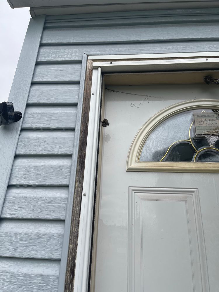 Wasp nest after it has been sprayed small on the left side of the door frame when you’re looking at the door