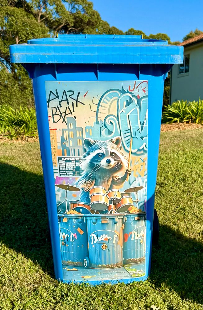 Large recycling bin with a full size poster of a raccoon stuck to the side. Its eyes sit at the height of my eyes and each week it gives me a huge fright when I think a real raccoon is staring at me. HooMum laughs at me which is very rude of her I think. 