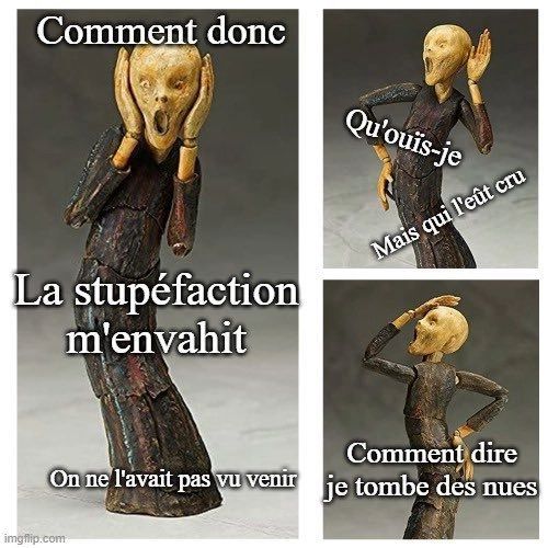 Trois statuettes exprimant la stupéfaction, avec un texte indiquant le caractère ironique de la stupéfaction.