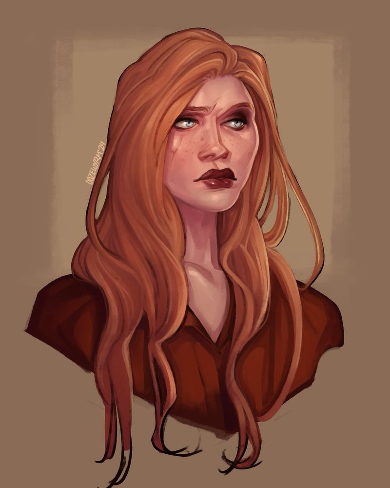 A woman (Hanna) with bright ginger hair & a healed scar down her cheek. She is presumably facing the other woman with a ponderous expression.