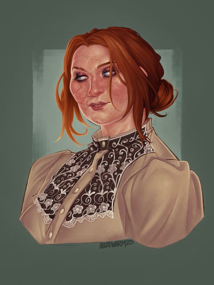 A woman (Corinne) with auburn hair, freckles, and a sprawling scar across her right face. She is presumably smiling at Hanna to her right.