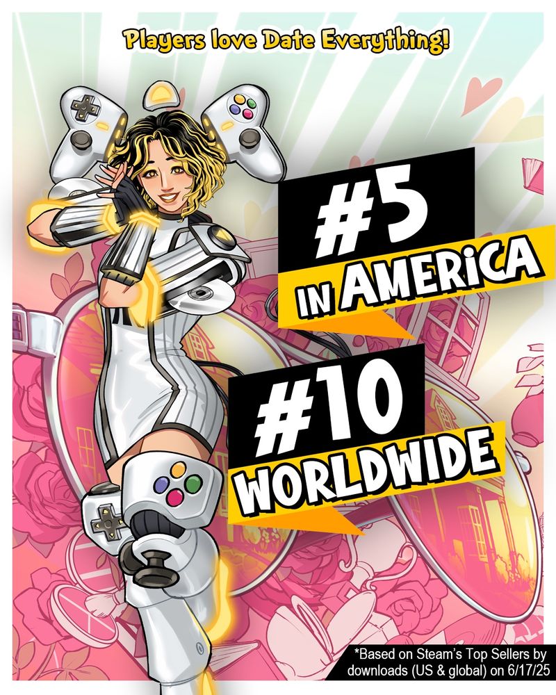 A graphic featuring Connie, a personified console, that states that Date Everything is #5 in America and #10 Worldwide on Steam