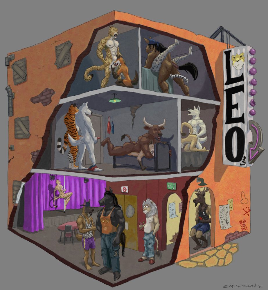 Cross-sectional diorama-like drawing of Leo's, a strip club, showing various characters interacting.