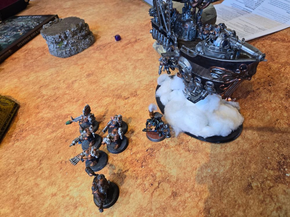 Dwarven Thunderers next to a large airship