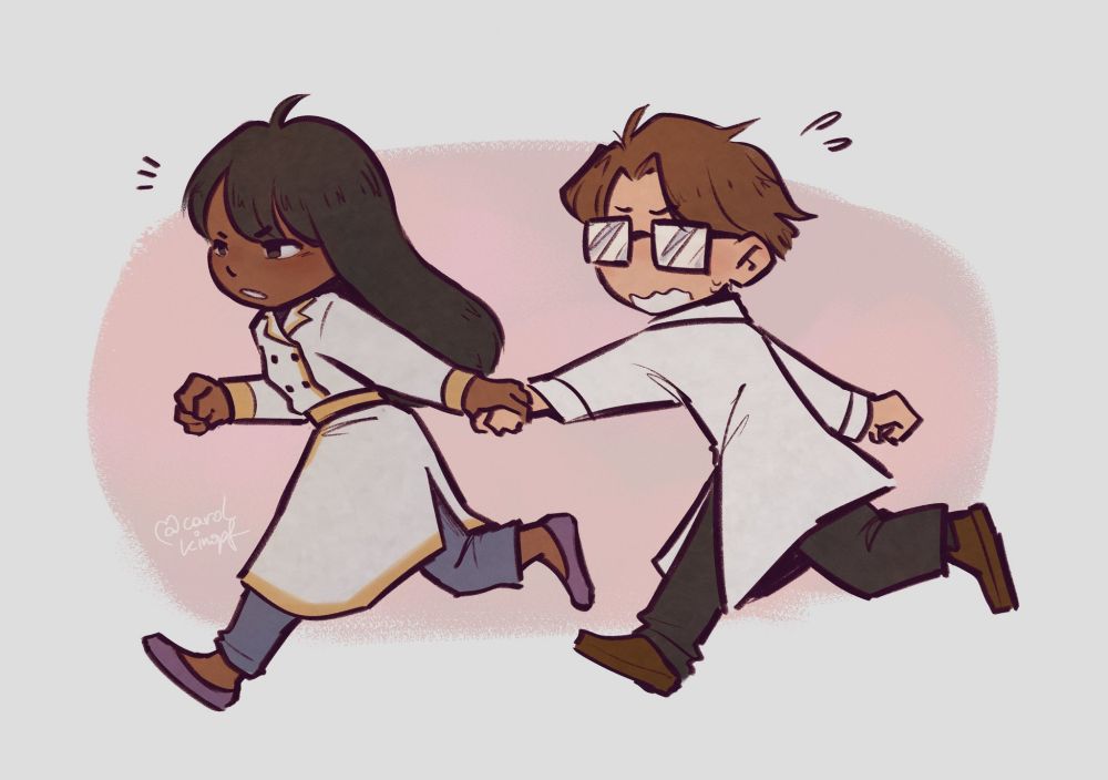 A drawing of Dr. Eva Rosalene from the game To The Moon drags her coworker Dr. Neil Watts by the hand, running from the right to left.