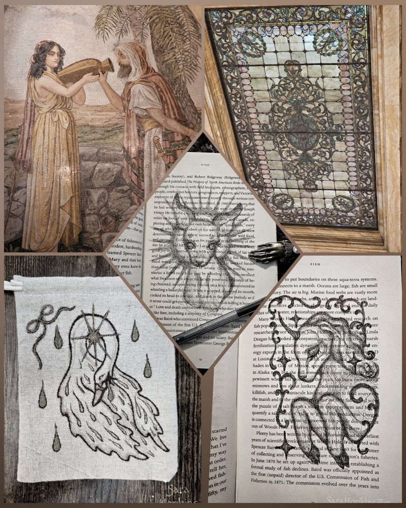 Photo collage featuring ink illustrations of deer, swan, and unicorn. Also shows photos of mosaic of two figures and a vase and a photograph of a stained glass ceiling. 