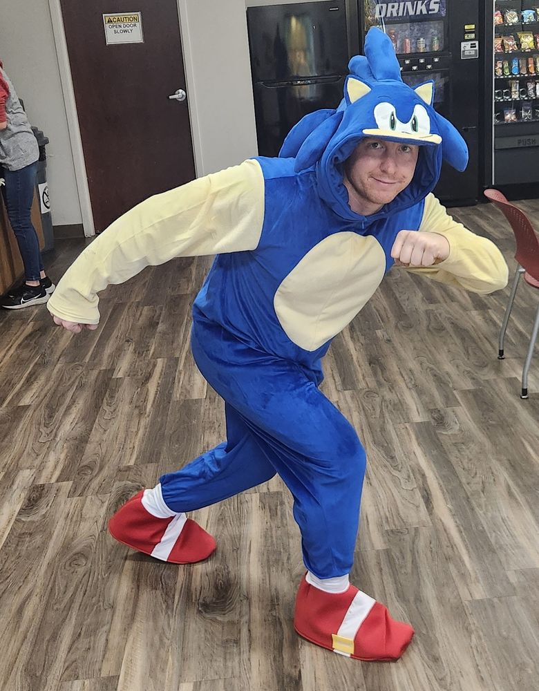 Nick Eberly dressed up as Sonic The Hedgehog at work for Halloween