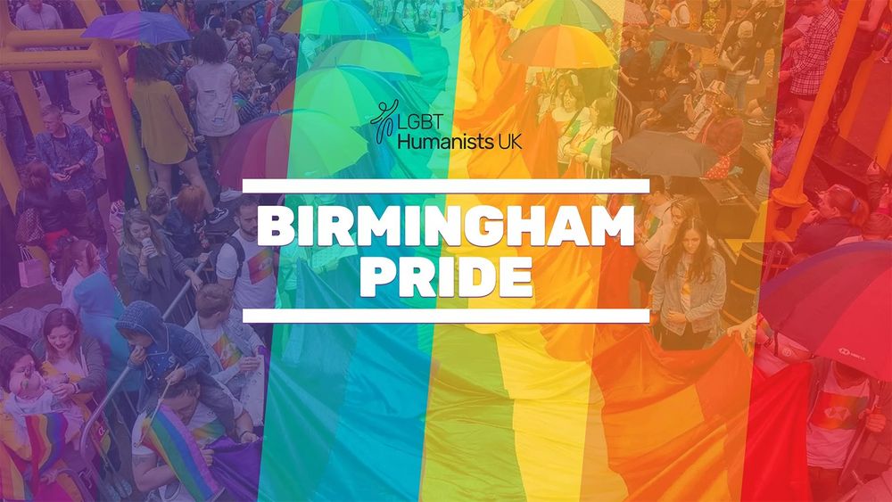 Rainbow flag with LGBT Humanists logo and Birmingham Pride